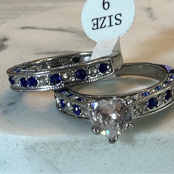 NEW Women’s Engagement & Wedding Band White & Sapphire Blue CZ 925 Size 9 - Picture 2 of 9
